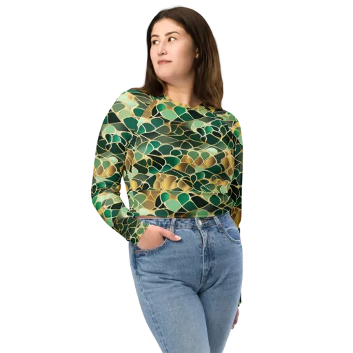 Gilded Emerald Lattice on a Long Sleeve Crop Top