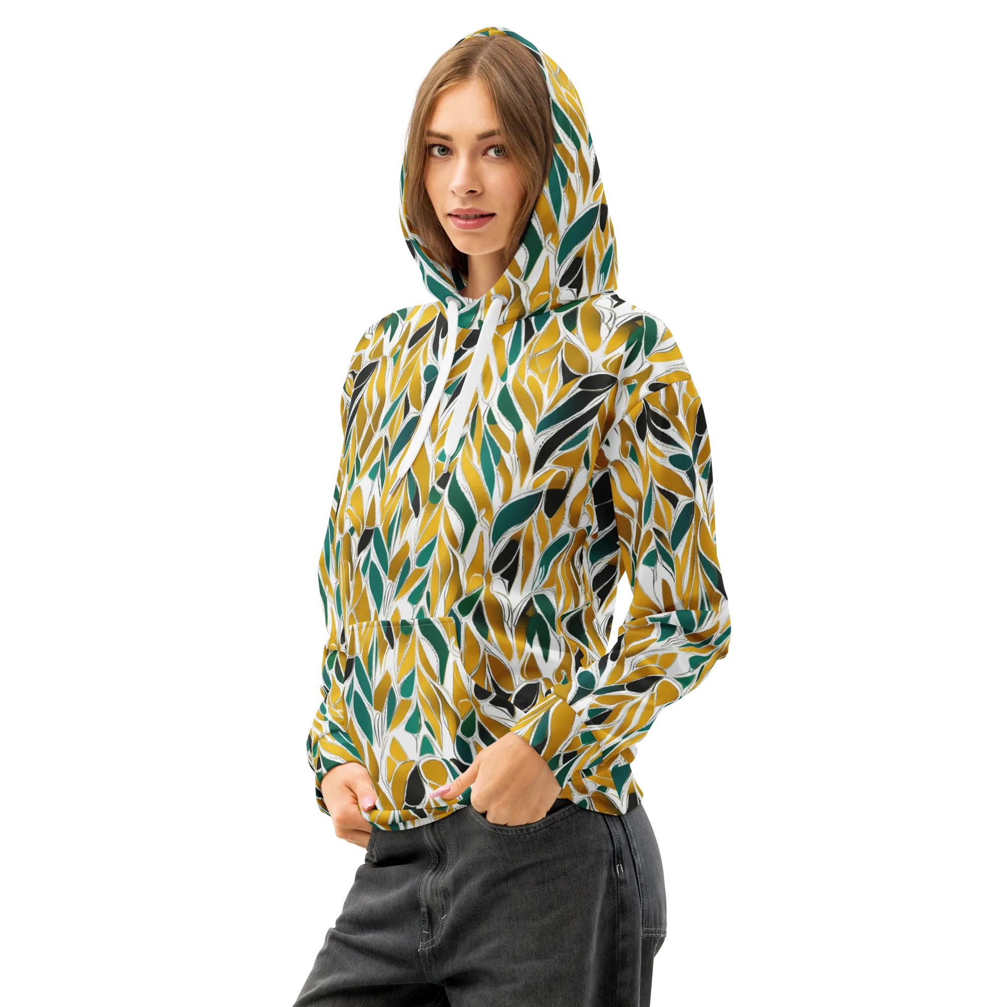 Verdant Marigold on Cotton Hoodie — Left Front