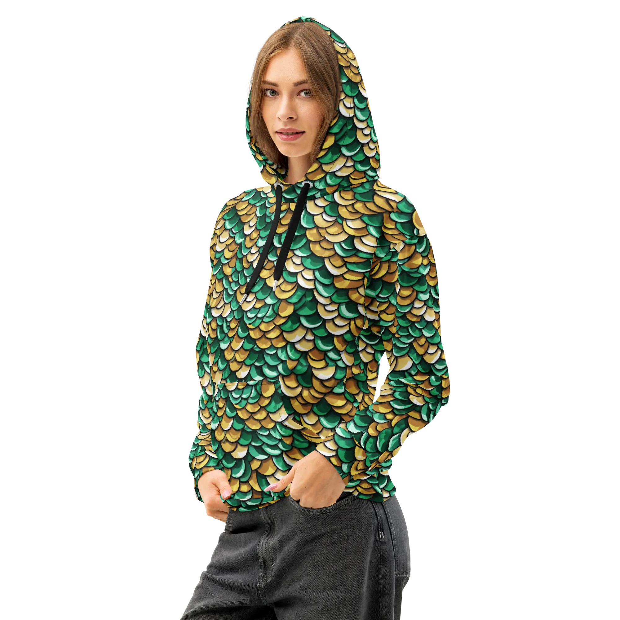 Jade Gilded Scales on Cotton Hoodie — Left Front