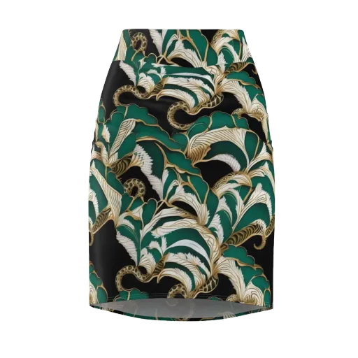 Emerald Serpent Garden on a Pencil Skirt