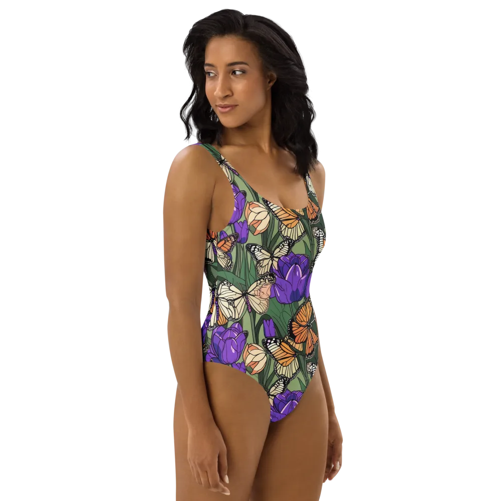 Monarch Iris on One-Piece Swimsuit — Right