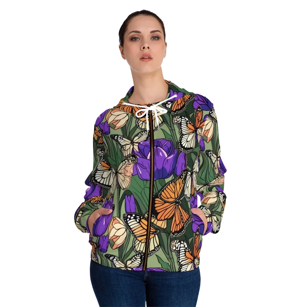 Monarch Iris on Women's Full-Zip Hoodie — Front On Person