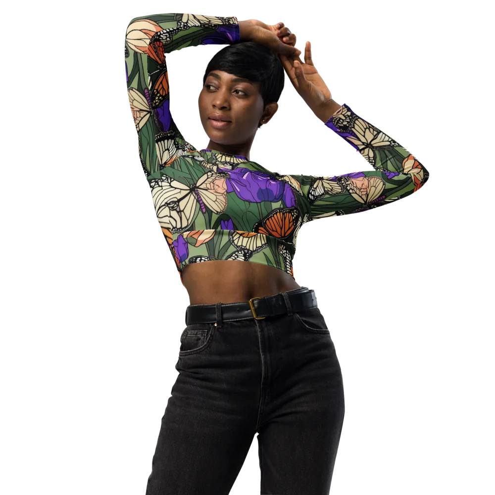 Monarch Iris on Long Sleeve Crop Top — Front