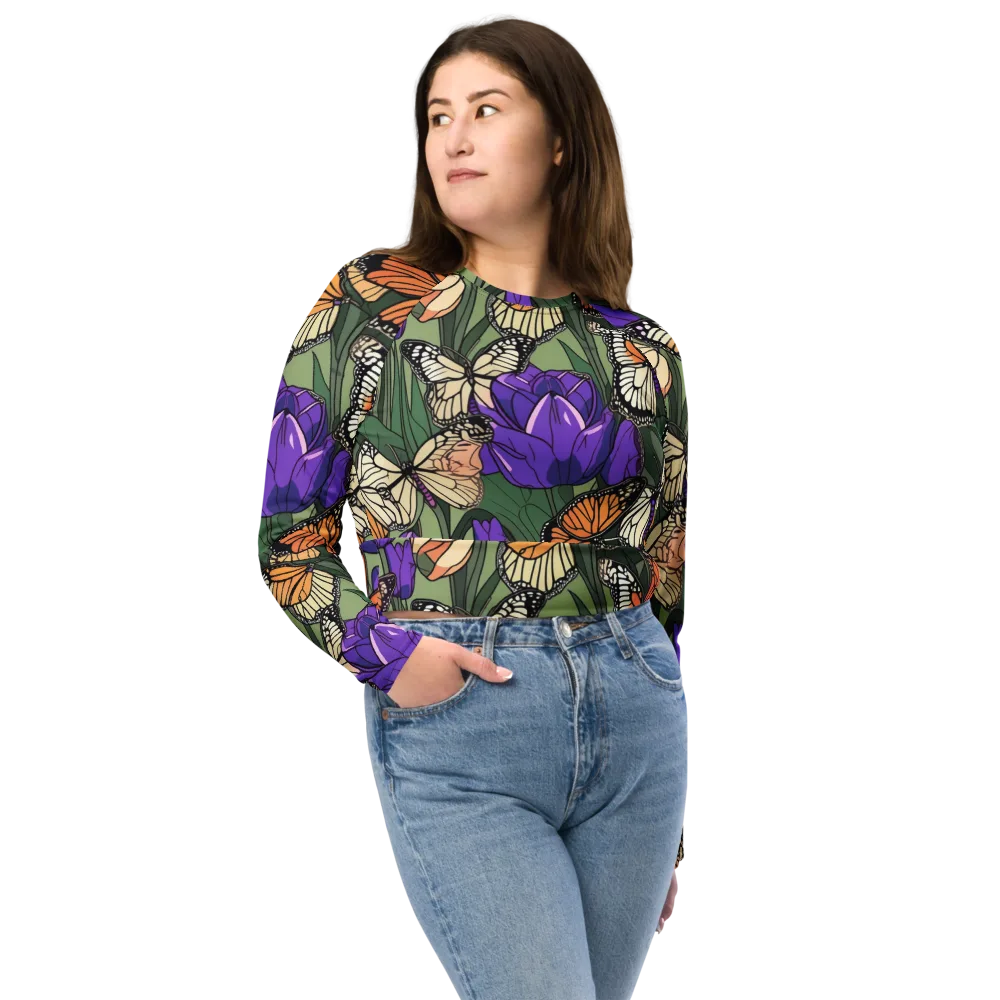 Monarch Iris on Long Sleeve Crop Top — Front