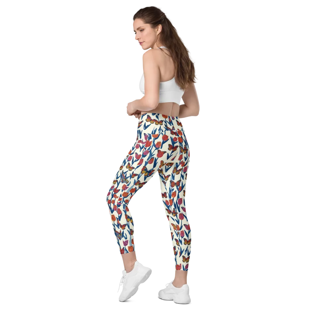 Butterfly Tulip Almanac on Leggings with Pockets — Left Back