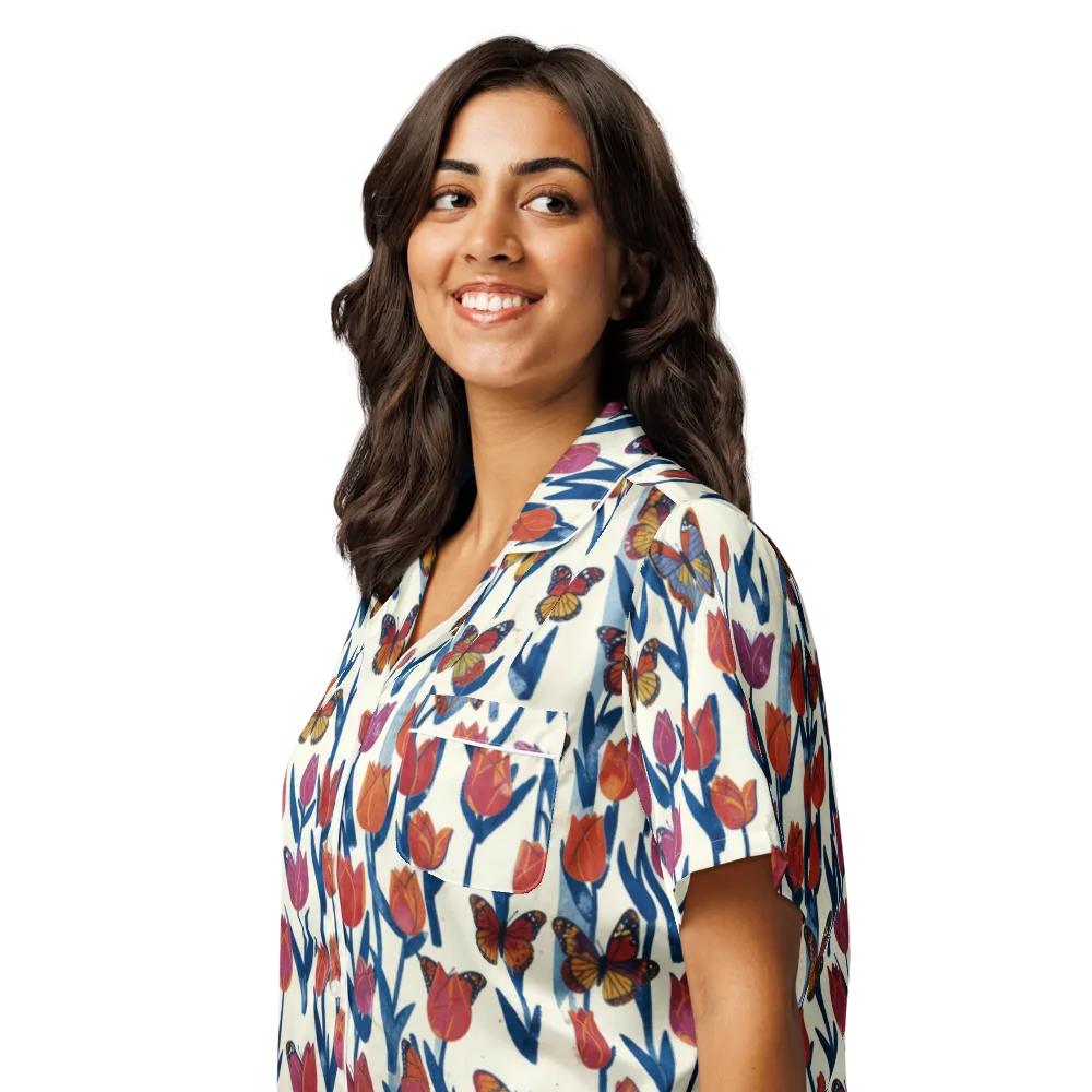 Butterfly Tulip Almanac on Women's Short Sleeve Pajama Top — Left Front