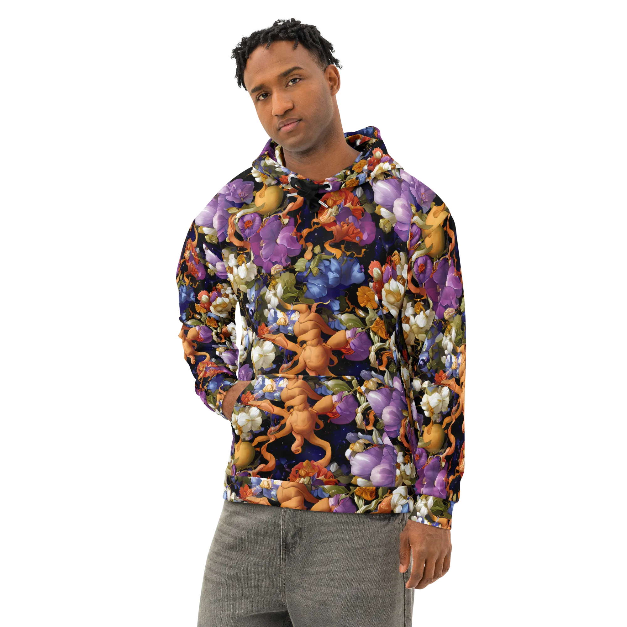 Blooming Cosmos on Cotton Hoodie — Left Front