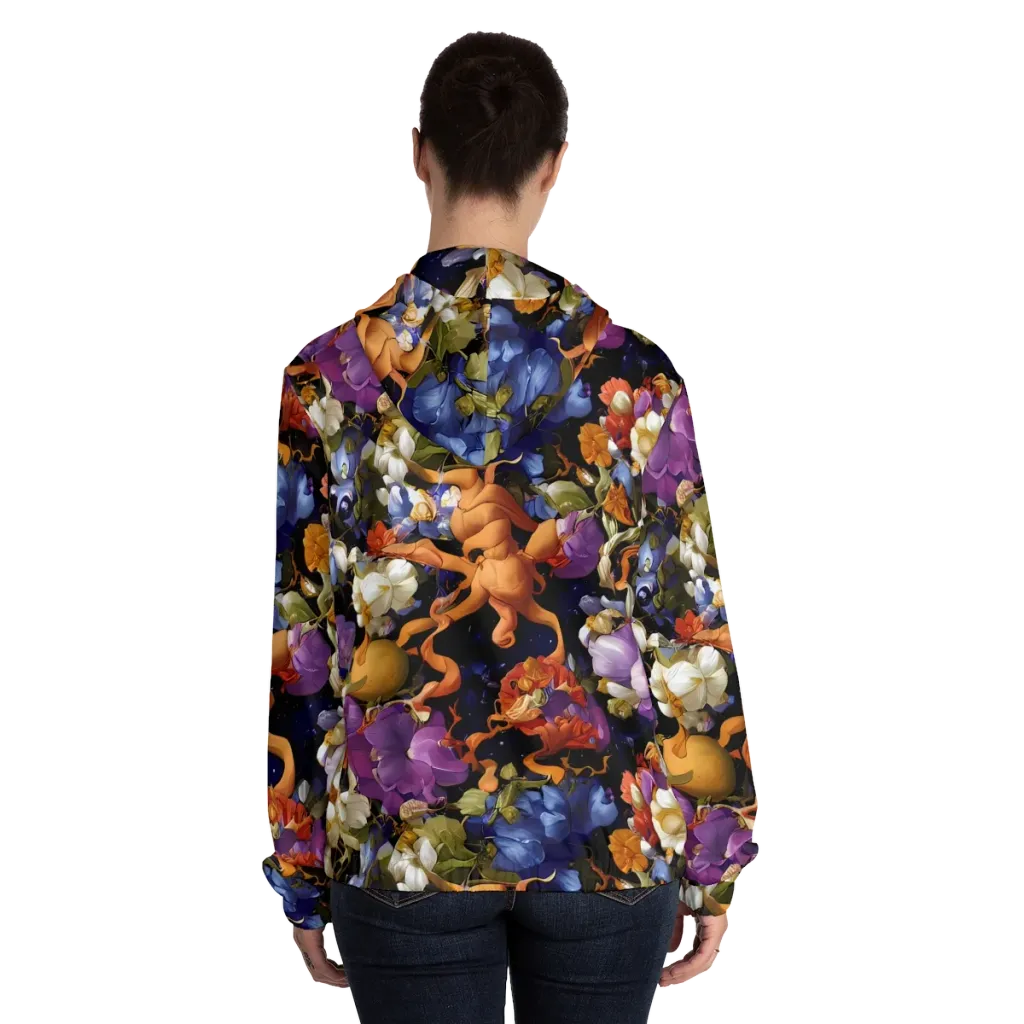 Blooming Cosmos on Women's Full-Zip Hoodie — Back On Person