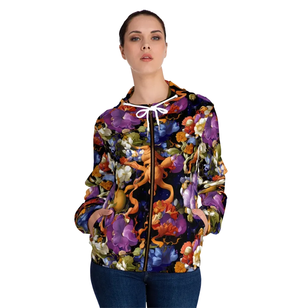 Blooming Cosmos on Women's Full-Zip Hoodie — Front On Person