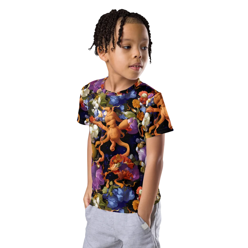 Blooming Cosmos on Kids Crew Neck T-Shirt — Left Front