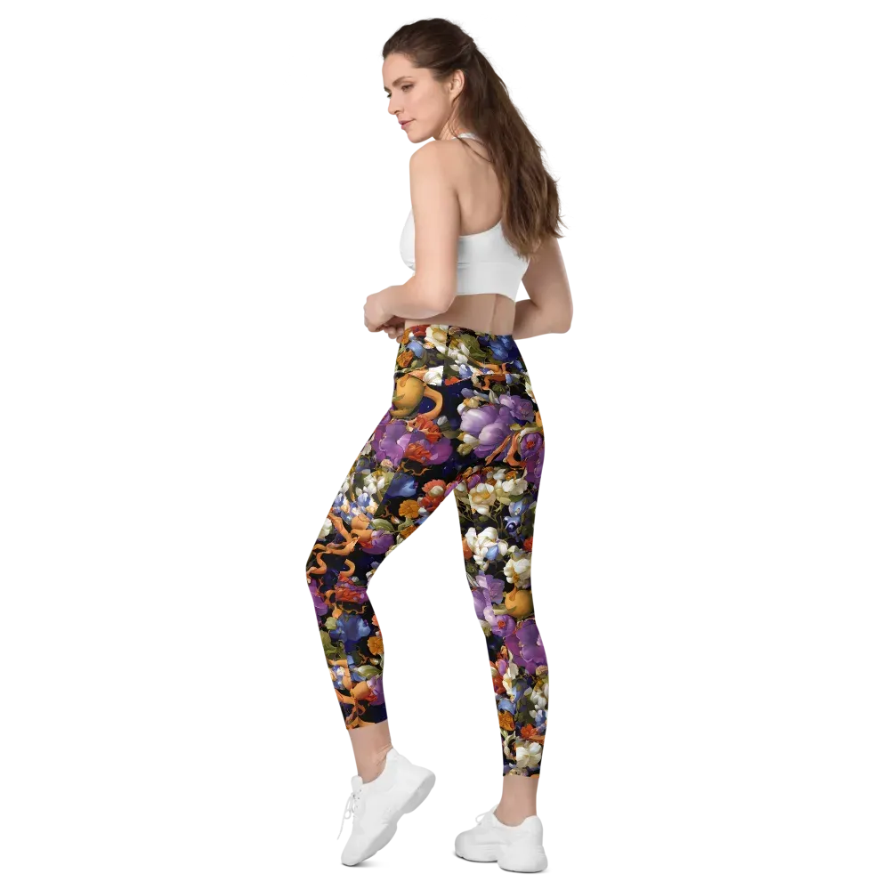 Blooming Cosmos on Leggings with Pockets — Left Back