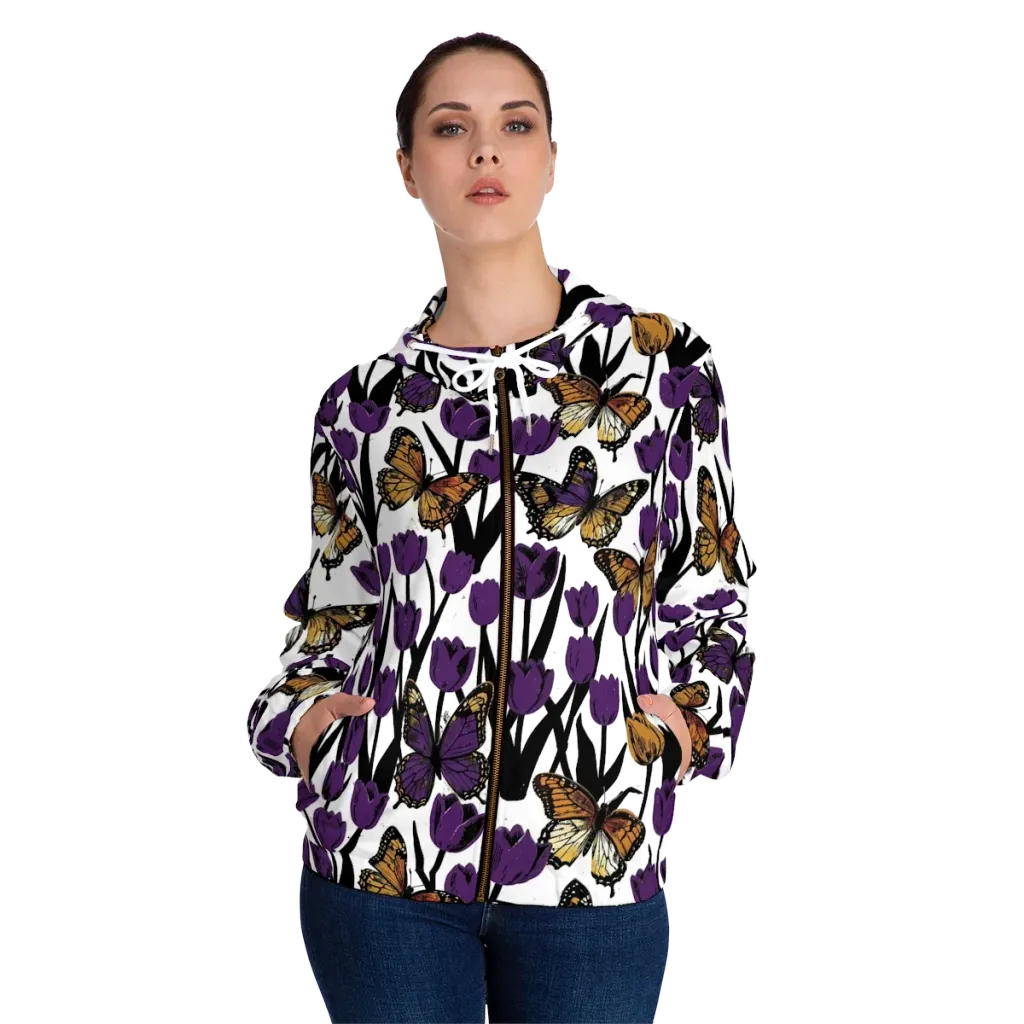 Indigo Flutter on Women's Full-Zip Hoodie — Front On Person