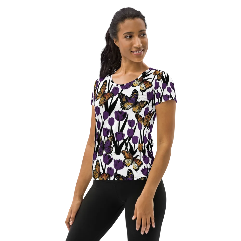 Indigo Flutter on Women's Athletic T-Shirt — Left