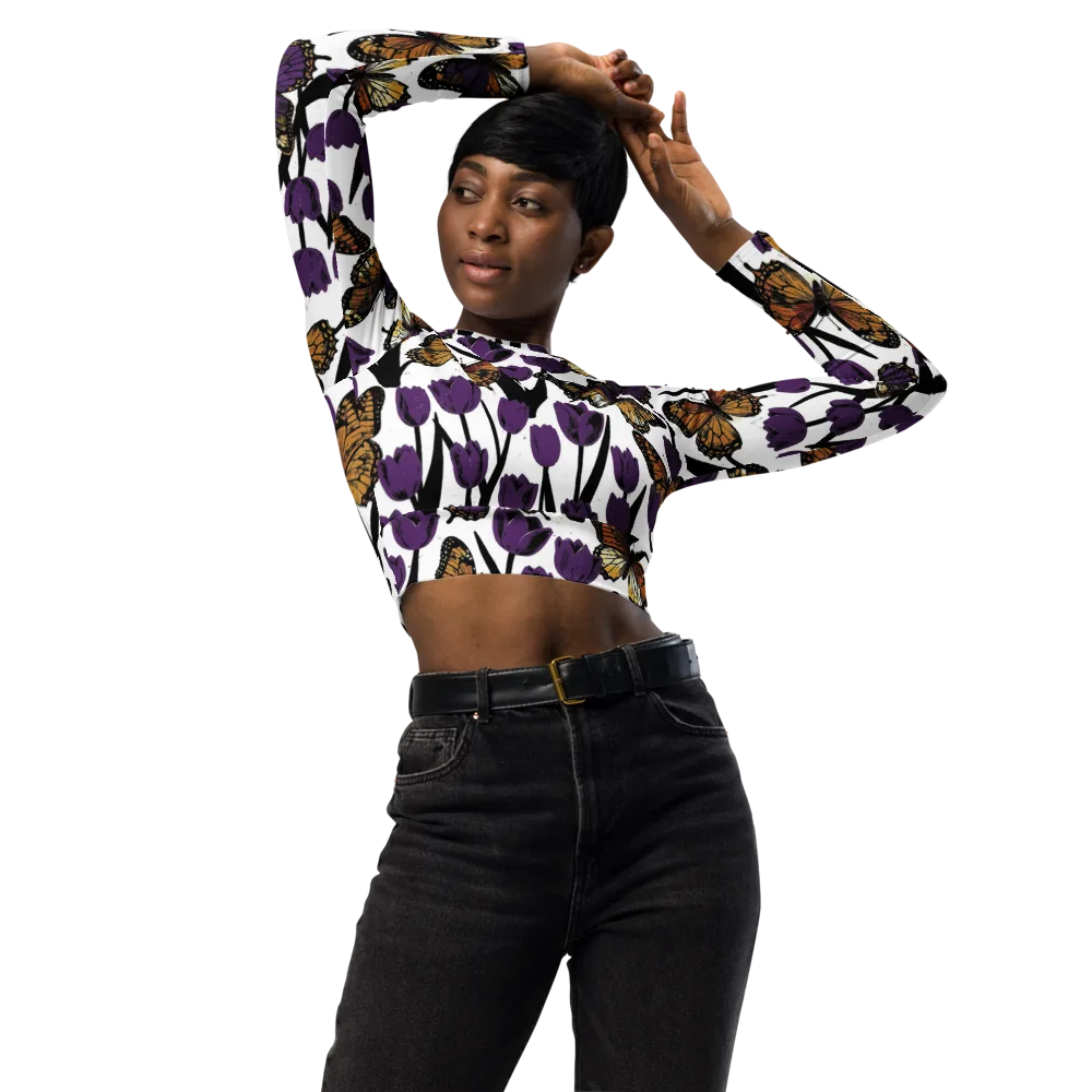 Indigo Flutter on Long Sleeve Crop Top — Front