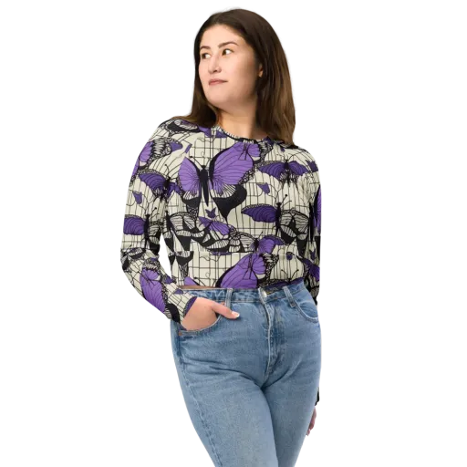Violet Glasswing on a Long Sleeve Crop Top