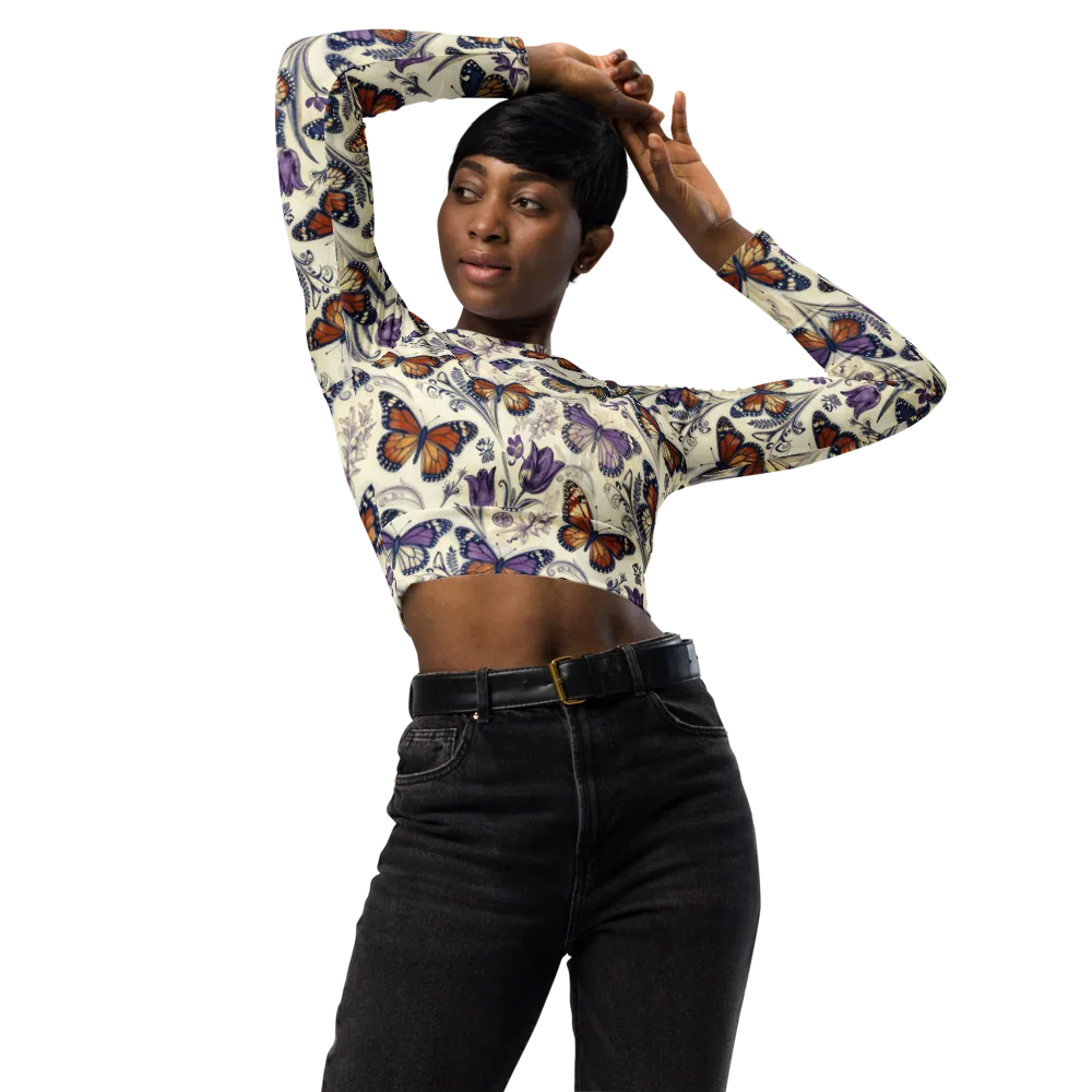 Indigo Wingbeat on Long Sleeve Crop Top — Front