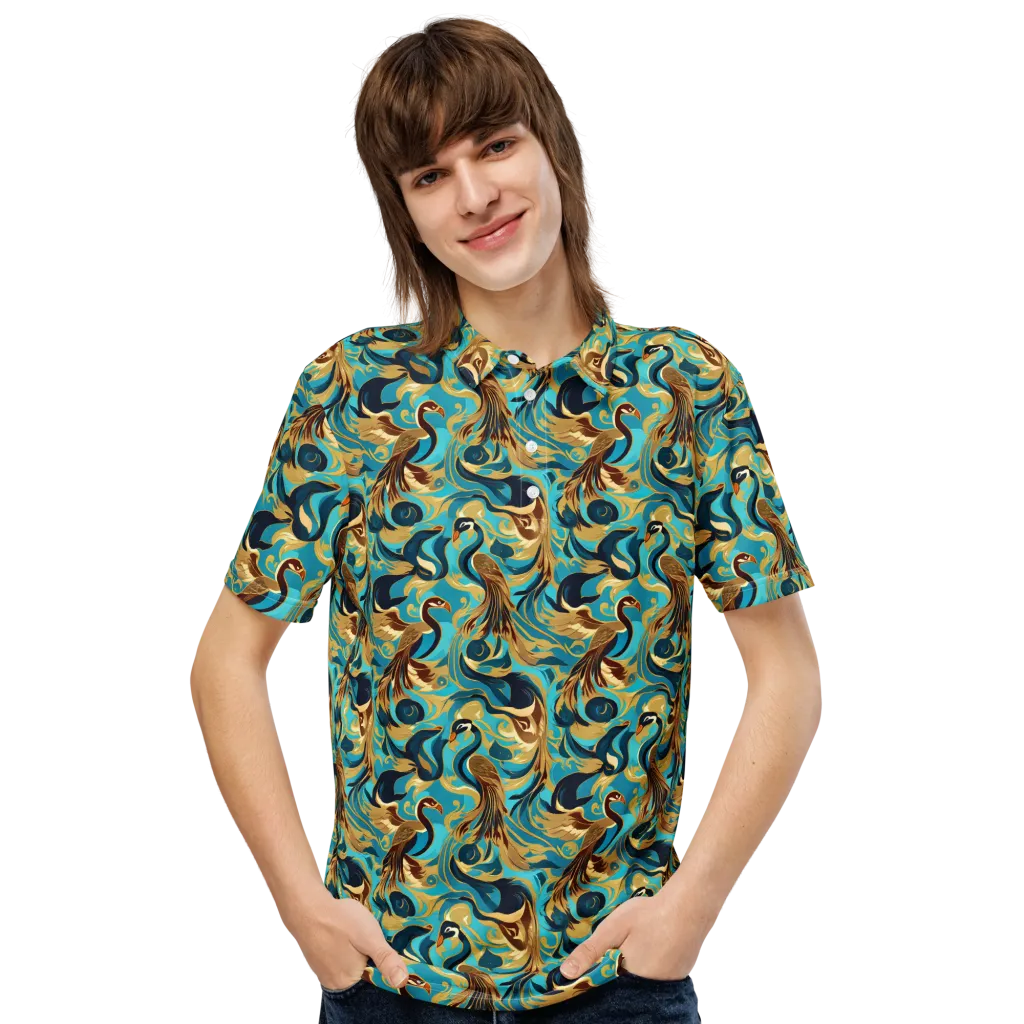 Gilded Crane Rhapsody on Men's Slim Fit Polo Shirt — Front