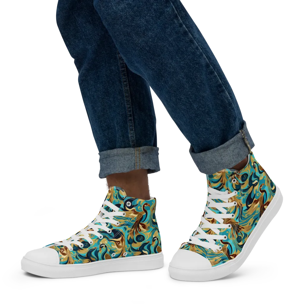 Gilded Crane Rhapsody on Men's High Top Canvas Shoes — Left