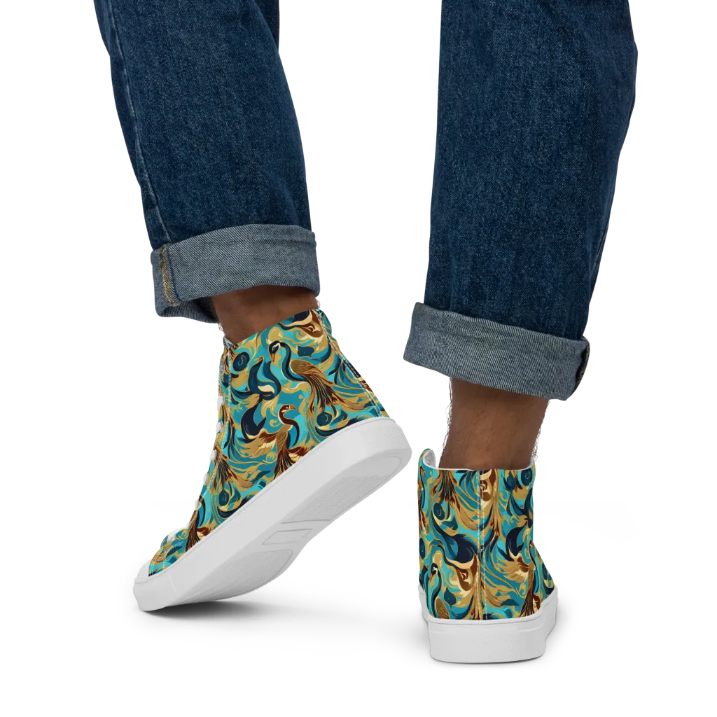 Gilded Crane Rhapsody on Men's High Top Canvas Shoes — Back