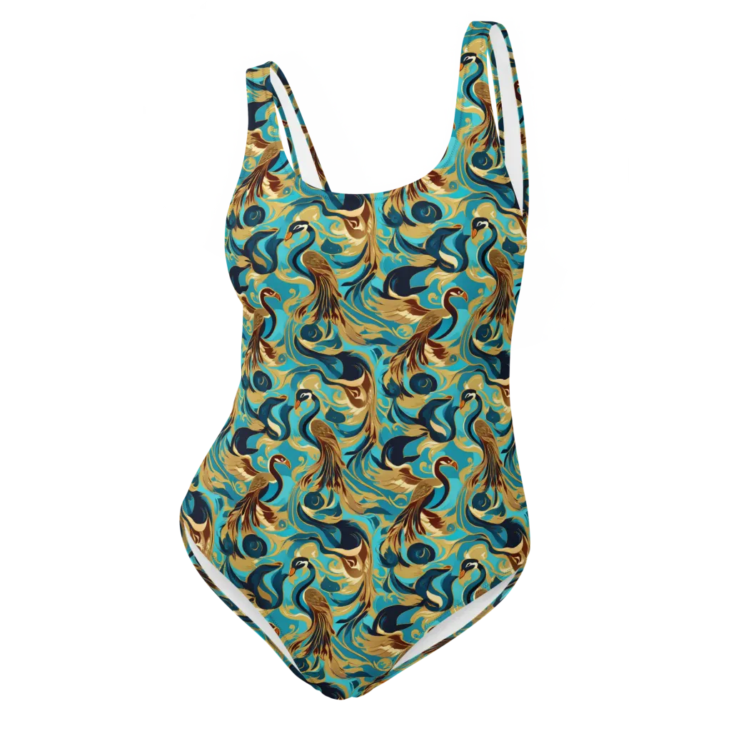 Gilded Crane Rhapsody on One-Piece Swimsuit — Front