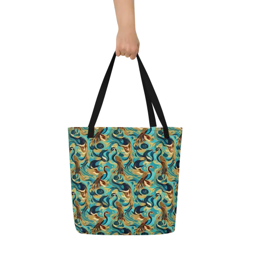 Gilded Crane Rhapsody on a Large Tote Bag W/ Pocket