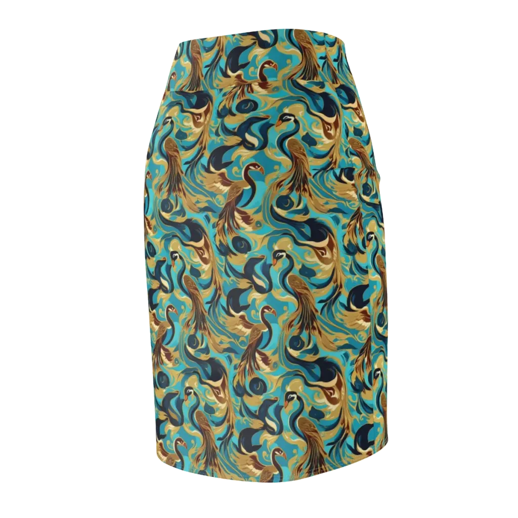 Gilded Crane Rhapsody on Pencil Skirt — Back Side