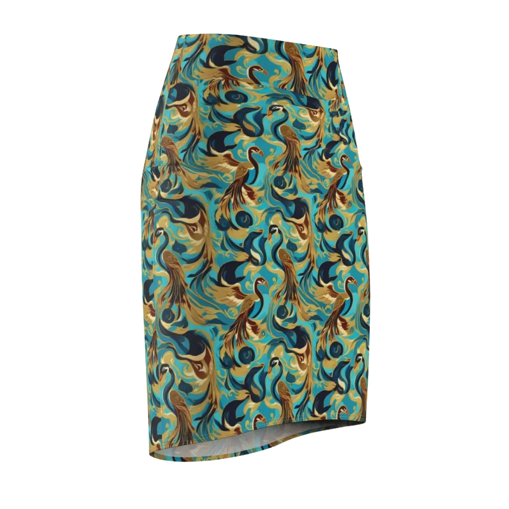Gilded Crane Rhapsody on Pencil Skirt — Front Side