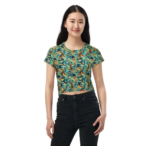 Gilded Crane Rhapsody on a Crop Tee