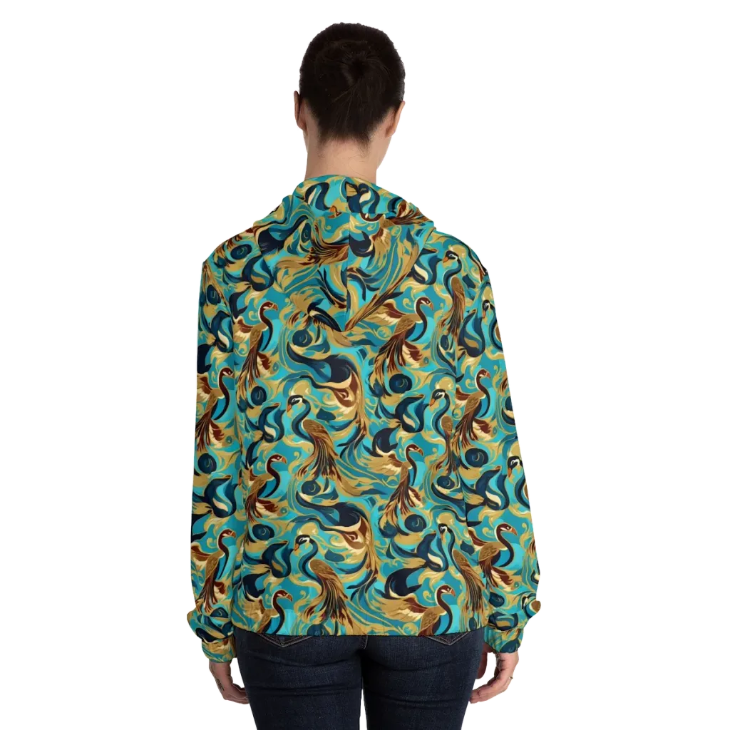 Gilded Crane Rhapsody on Women's Full-Zip Hoodie — Back On Person