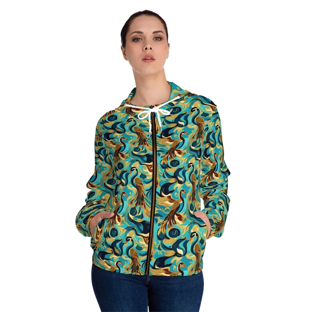 Gilded Crane Rhapsody on Women's Full-Zip Hoodie — Front On Person