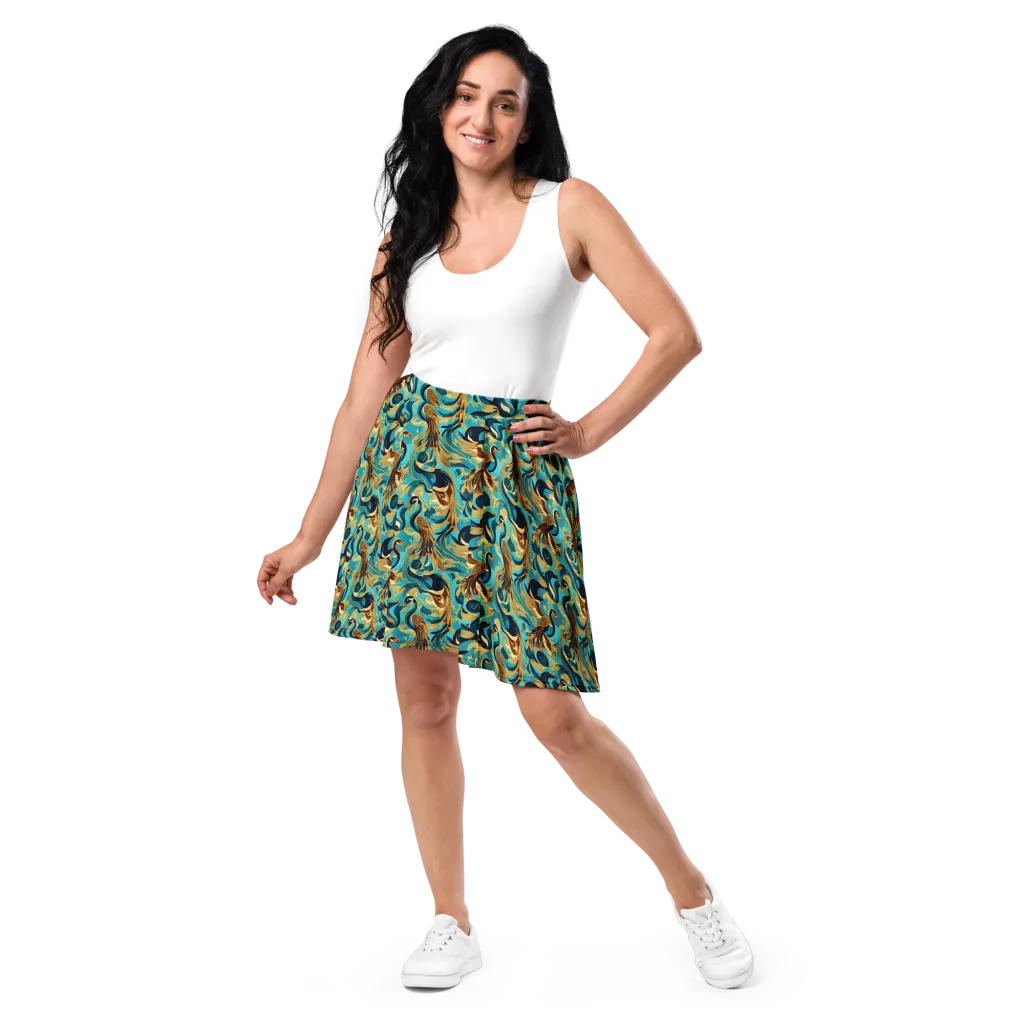 Gilded Crane Rhapsody on Skater Skirt — Front