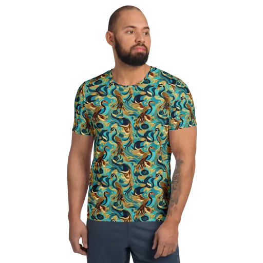 Gilded Crane Rhapsody on a Men's Athletic T-Shirt