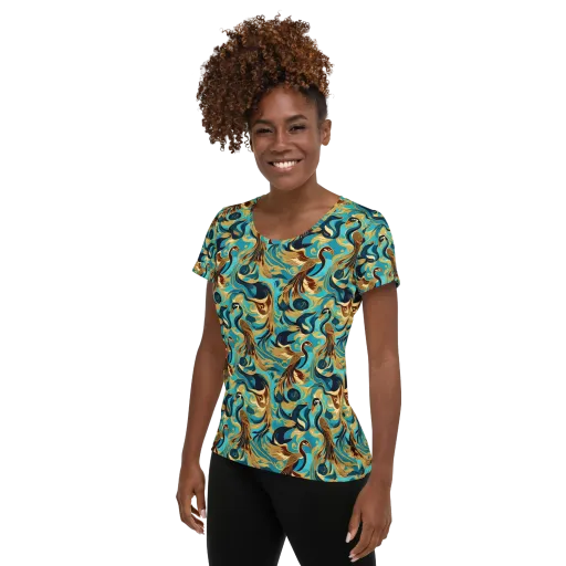 Gilded Crane Rhapsody on a Women's Athletic T-Shirt