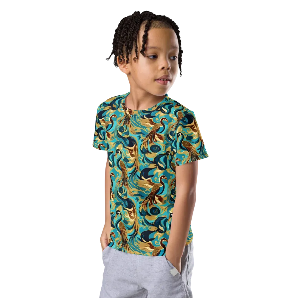 Gilded Crane Rhapsody on Kids Crew Neck T-Shirt — Left Front