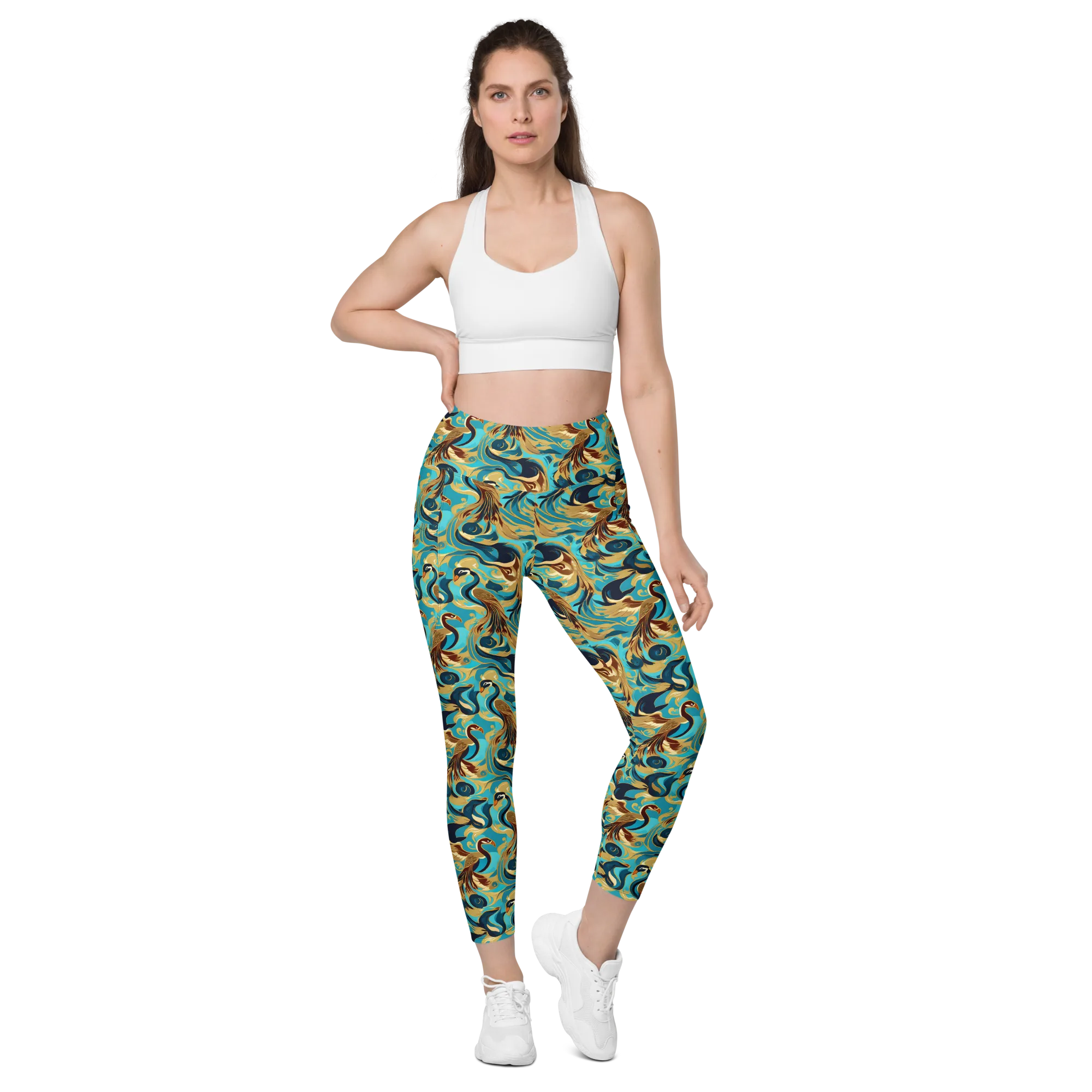 Gilded Crane Rhapsody on Leggings with Pockets — Front