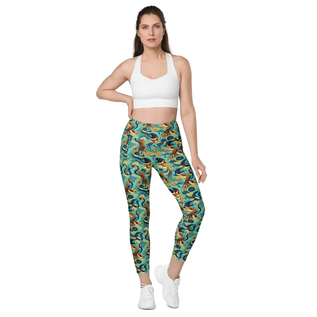Gilded Crane Rhapsody on Leggings with Pockets — Front