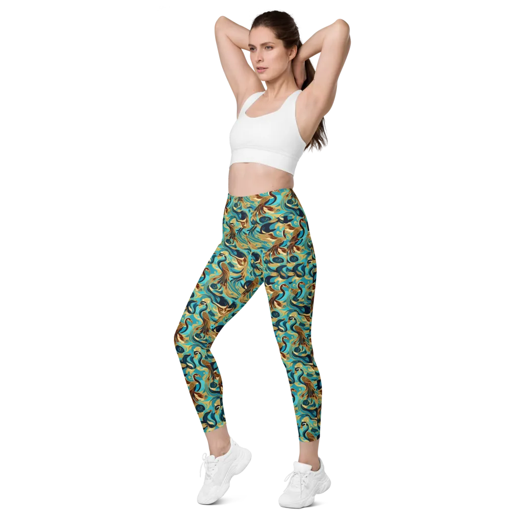 Gilded Crane Rhapsody on Leggings with Pockets — Left Front