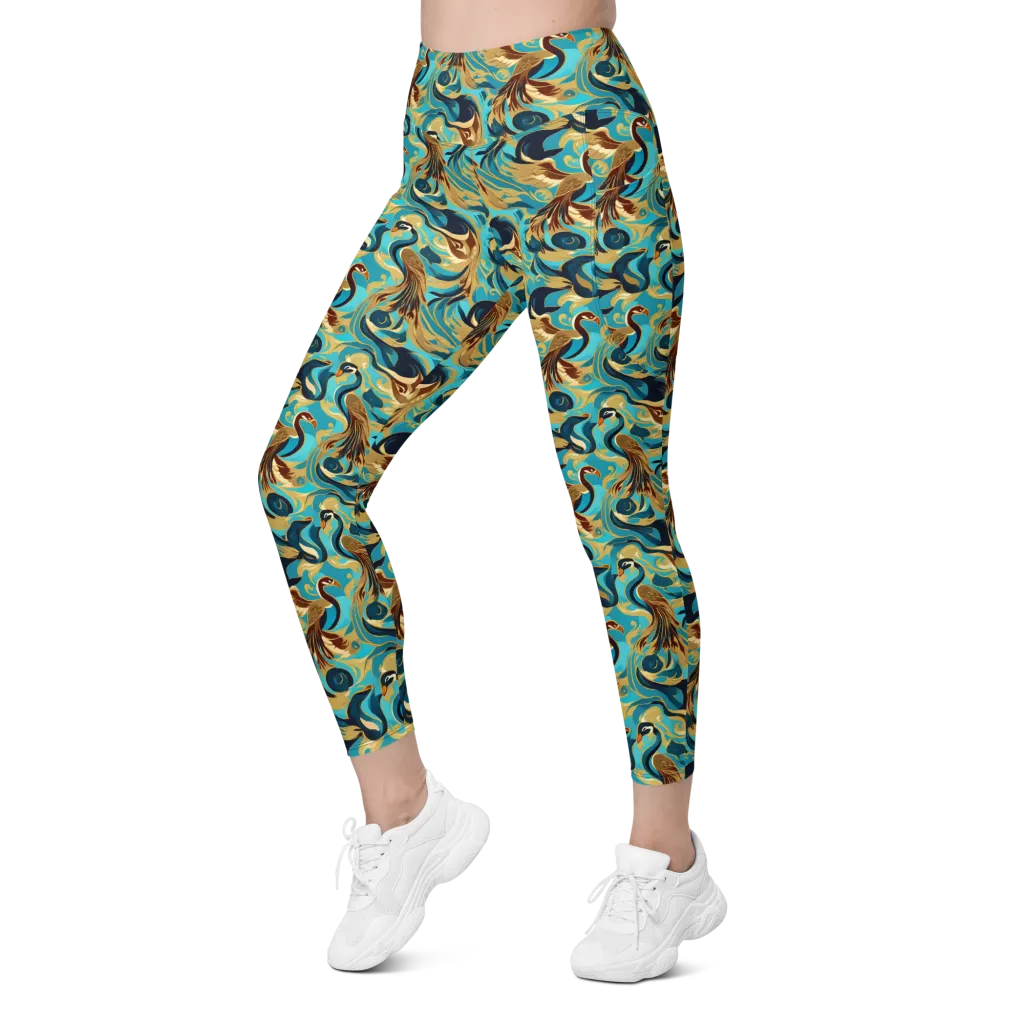 Gilded Crane Rhapsody on Leggings with Pockets — Left Front