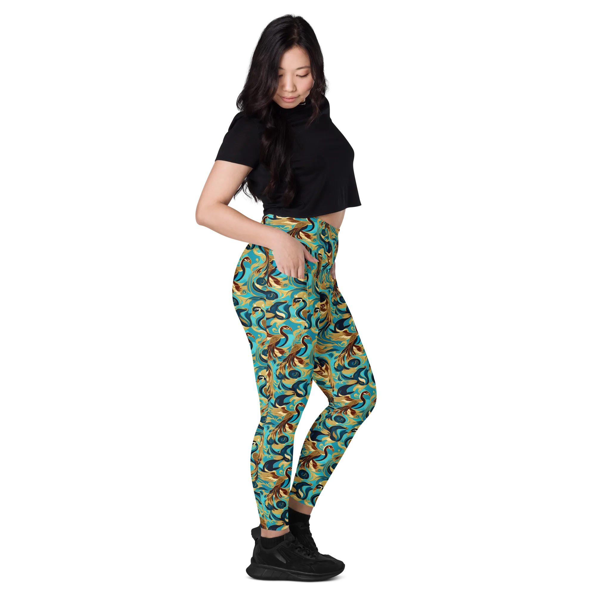 Gilded Crane Rhapsody on Leggings with Pockets — Right