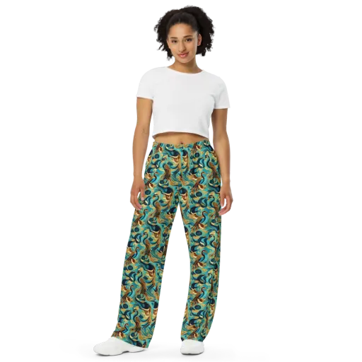 Gilded Crane Rhapsody on a Wide-Leg Pants