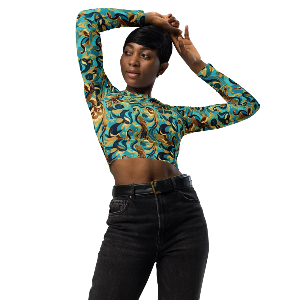 Gilded Crane Rhapsody on Long Sleeve Crop Top — Front