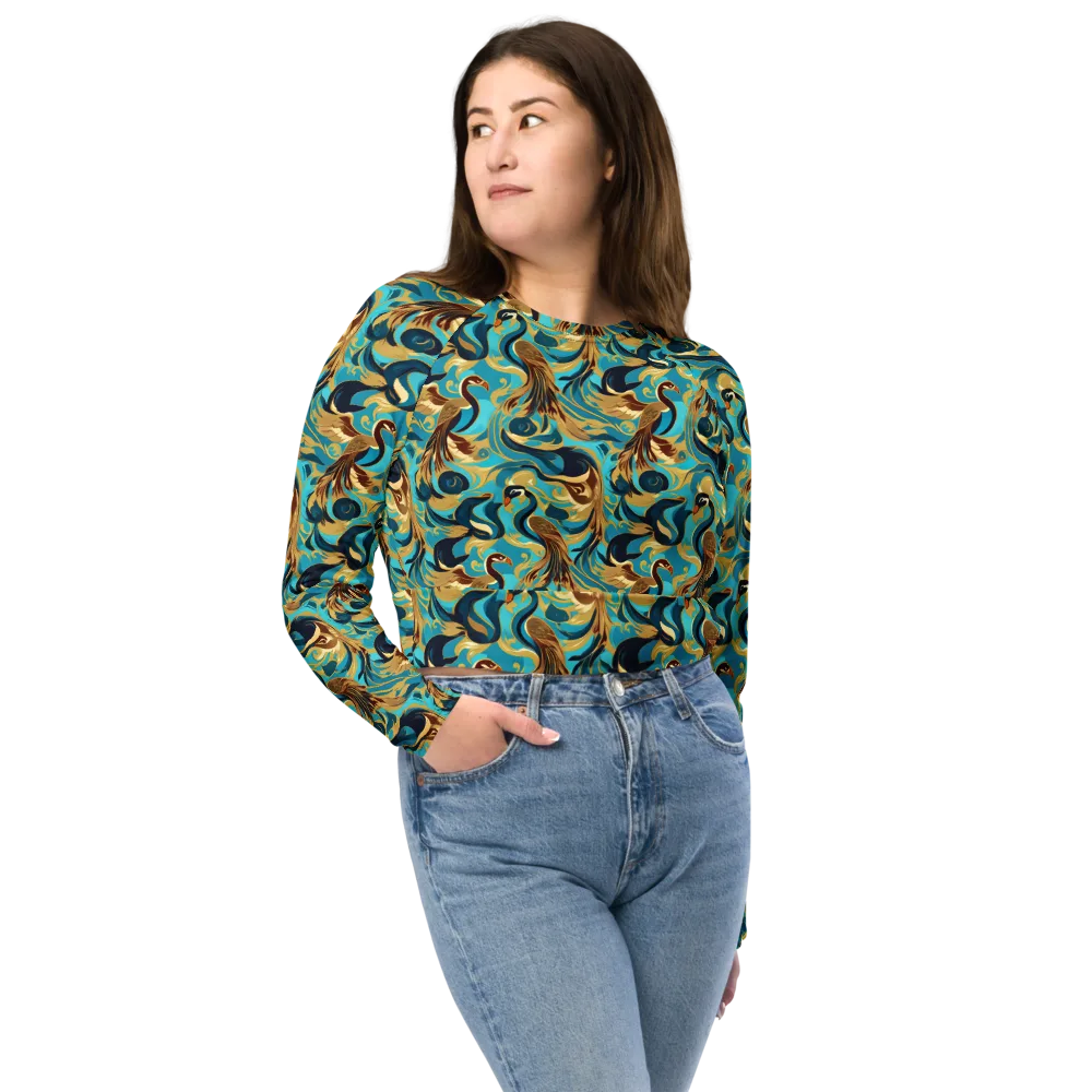 Gilded Crane Rhapsody on Long Sleeve Crop Top — Front