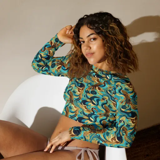 Gilded Crane Rhapsody on a Long Sleeve Crop Top