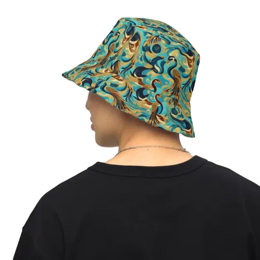 Gilded Crane Rhapsody on a Reversible Bucket Hat