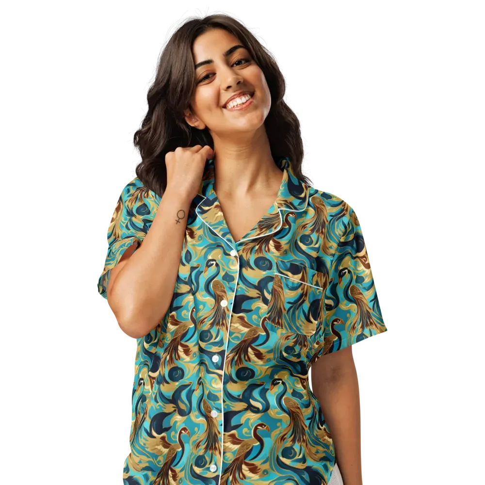 Gilded Crane Rhapsody on Women's Short Sleeve Pajama Top — Front