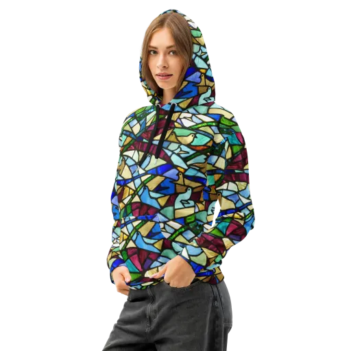 Birdsong Mosaic on a Cotton Hoodie