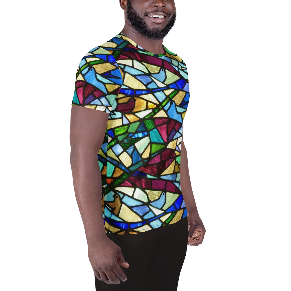 Birdsong Mosaic on Men's Athletic T-Shirt — Right