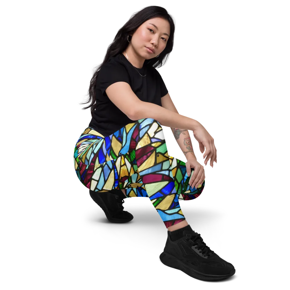 Birdsong Mosaic on Leggings with Pockets — Right Front