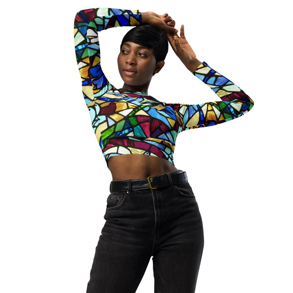 Birdsong Mosaic on Long Sleeve Crop Top — Front