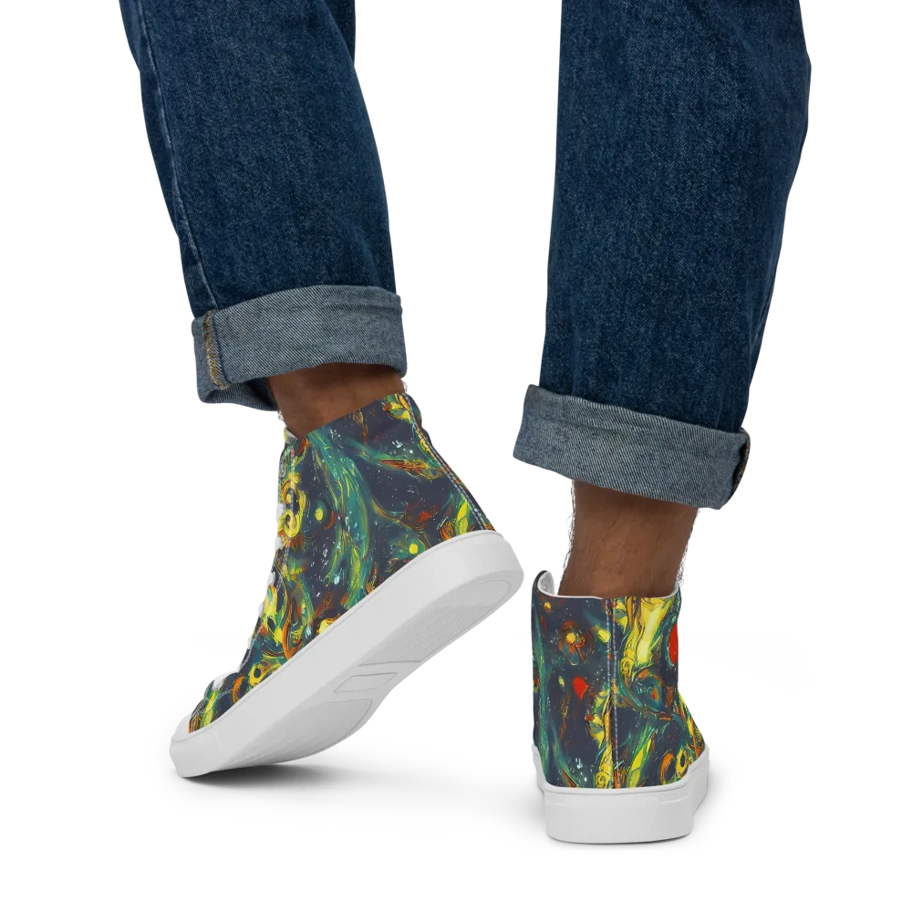 Electric Tidal Pool on Men's High Top Canvas Shoes — Back